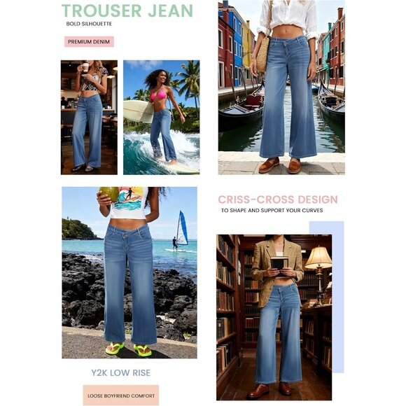 Women's Low Rise Wide Leg Stretch Denim Jeans Casual Boyfriend Fit - Picture 6 of 7